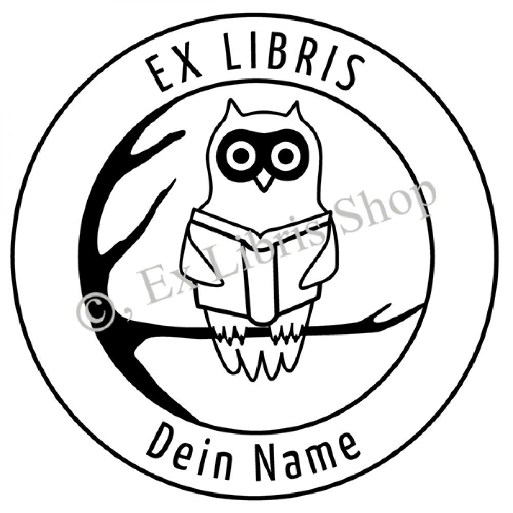 Round exlibris stamp •Reading Owl•